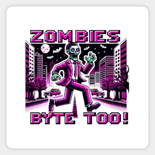 Neon Pink 8-Bit Zombie Chase in Cyberpunk City: Retro Gaming Art Magnet